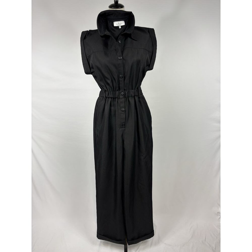L'Academie The Inaya Revolve Jumpsuit Black Button Down Small Boilersuit - Picture 2 of 12